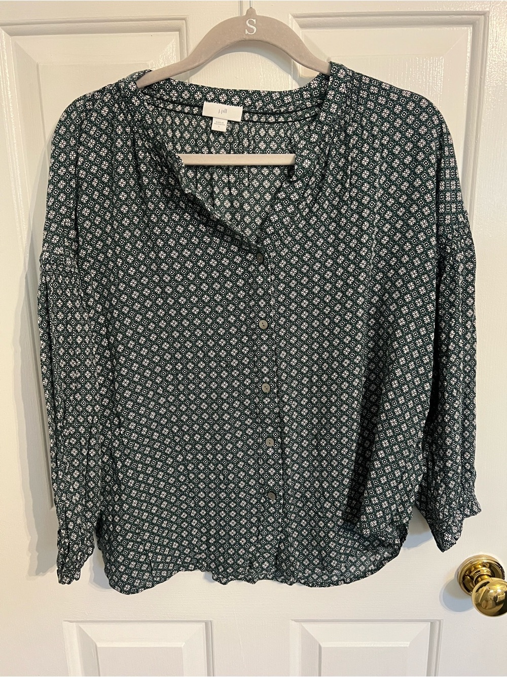 J. Jill Dark Green Printed Button-Front Blouse
